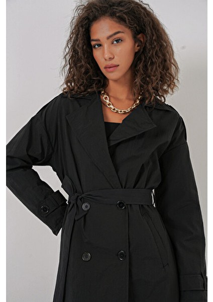 5936 Kruvaze Yaka Trençkot - Siyah fırsatları