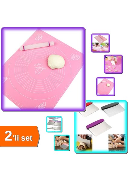 Metal Hamur Kesici Spatula ve Ölçekli Mega Boy Hamur Açma Matı 45X65 cm 2li Set G9L2XM