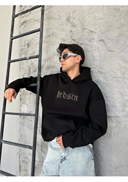 Hardstone Taş Detaylı Kapüşonlu Oversize Hoodie Siyah Sweatshirt Uzun Kollu