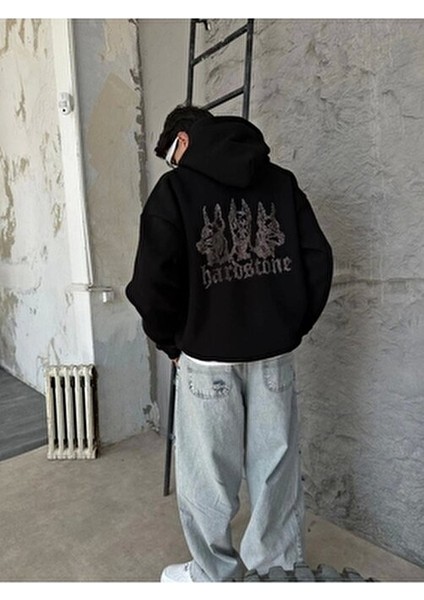 Hardstone Taş Detaylı Kapüşonlu Oversize Hoodie Siyah Sweatshirt Uzun Kollu fiyatları