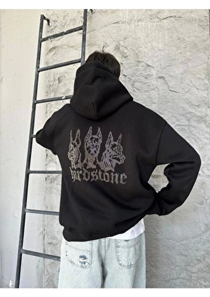 Hardstone Taş Detaylı Kapüşonlu Oversize Hoodie Siyah Sweatshirt Uzun Kollu modelleri