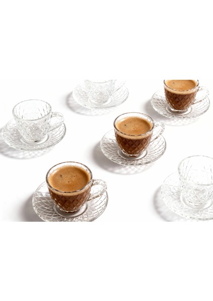 6’lı Zarif Desenli Cam Kahve Fincanı & Tabak Seti