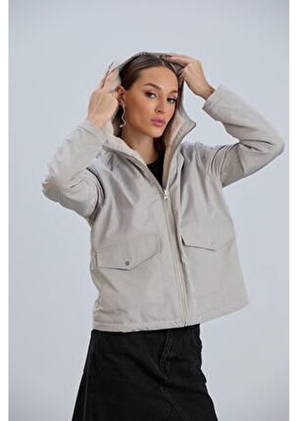 Kapüşonlu Çift Taraflı Rabbit Peluş Kadın Mont