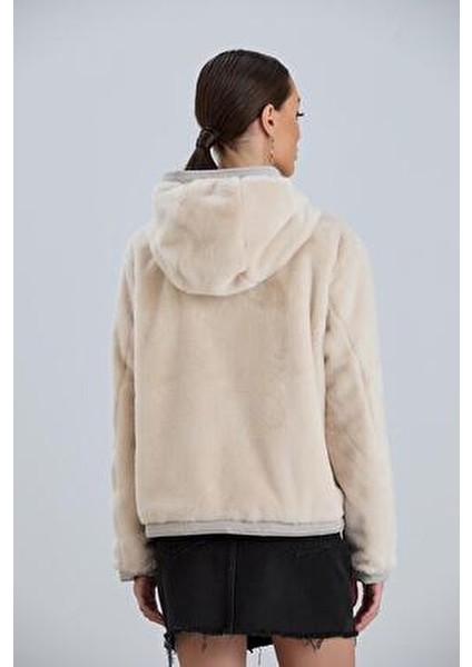Kapüşonlu Çift Taraflı Rabbit Peluş Kadın Mont