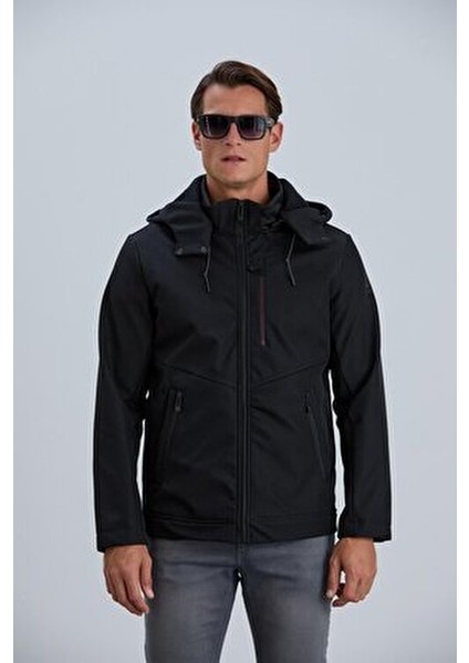 Erkek Siyah Mont Kapüşonlu Erkek Softshell Mont