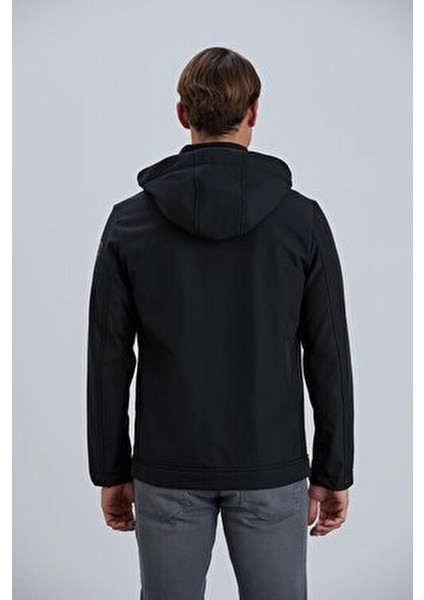 Erkek Siyah Mont Kapüşonlu Erkek Softshell Mont