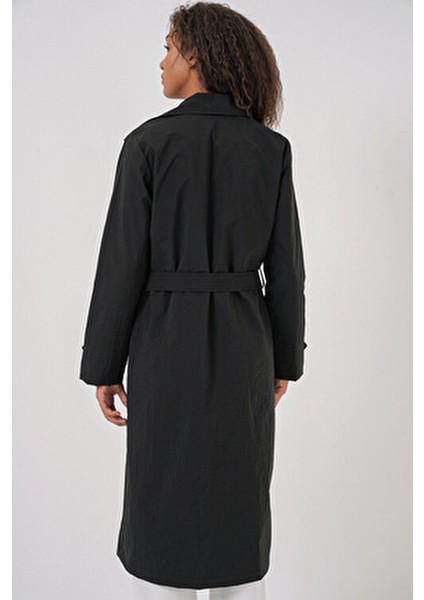 5938 Kruvaze Yaka Trençkot - Siyah