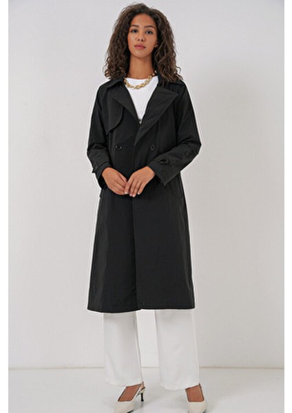 5938 Kruvaze Yaka Trençkot - Siyah fiyatları