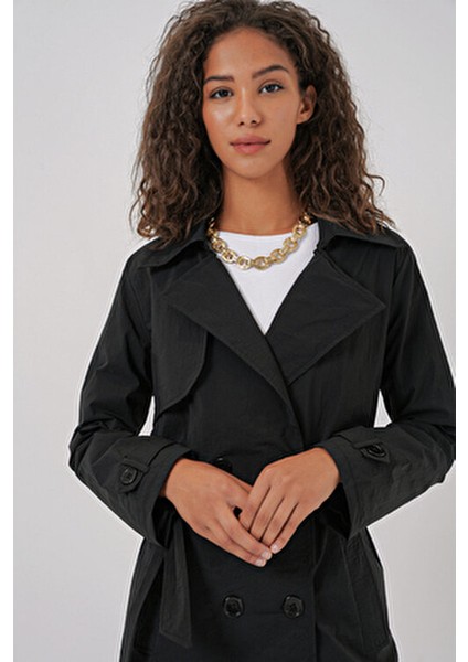 5938 Kruvaze Yaka Trençkot - Siyah fırsatları