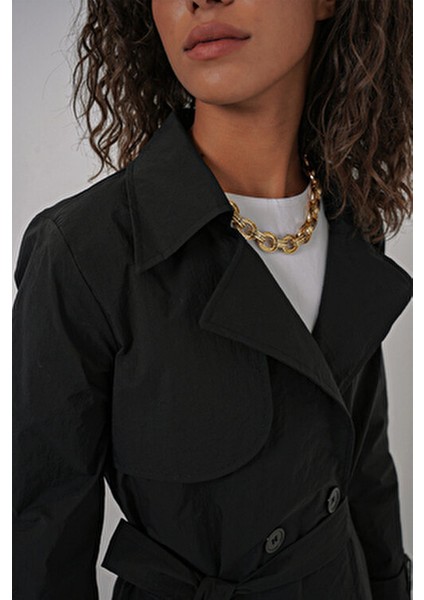 5938 Kruvaze Yaka Trençkot - Siyah indirimleri