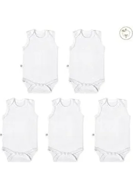 Beyaz Renk Bebek Bodysuit Kolsuz 5'li Set - Bebek Atleti %100 Pamuk