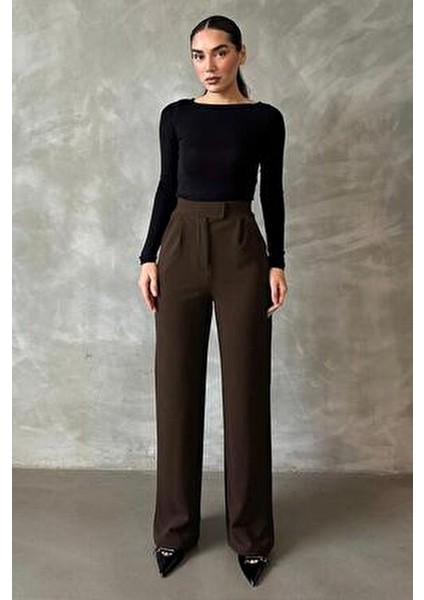 Kahverengi Likralı Cırt Kapamalı Palazzo Pantolon MG2291