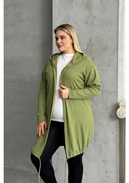 Büyük Beden Uzun Kollu Kapüşonlu Önü Kapamasız Fitilli Hırka 74-136