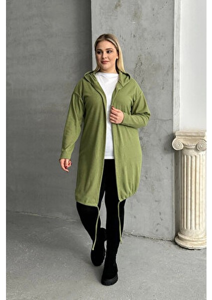 Büyük Beden Uzun Kollu Kapüşonlu Önü Kapamasız Fitilli Hırka 74-136
