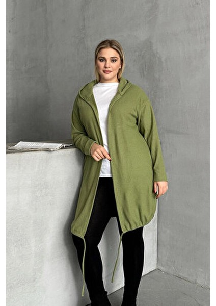 Büyük Beden Uzun Kollu Kapüşonlu Önü Kapamasız Fitilli Hırka 74-136
