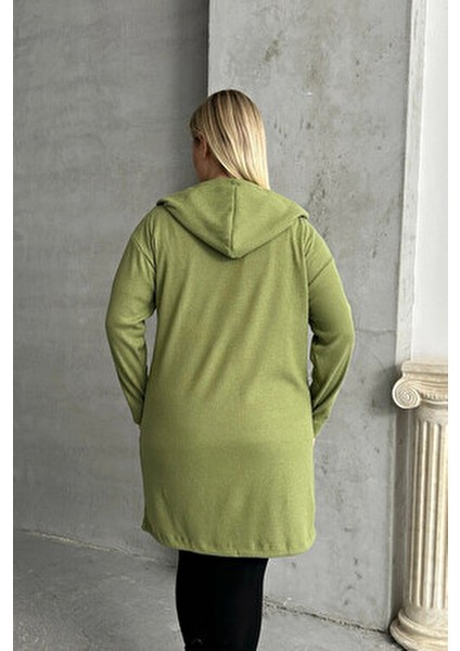 Büyük Beden Uzun Kollu Kapüşonlu Önü Kapamasız Fitilli Hırka 74-136