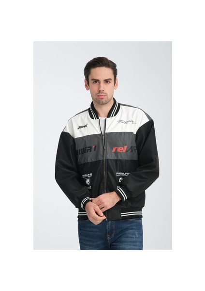 Erkek Oversize Baskılı Motorcu Yarışçı Mont Kolej Ceket