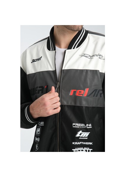 Erkek Oversize Baskılı Motorcu Yarışçı Mont Kolej Ceket