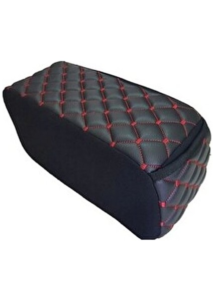 Lüks Oto Sünger Kolçak Kol Dayama Siyah Deri-Kırmızı Desen Koltuk Arası Vidasız Montaj-Cepli