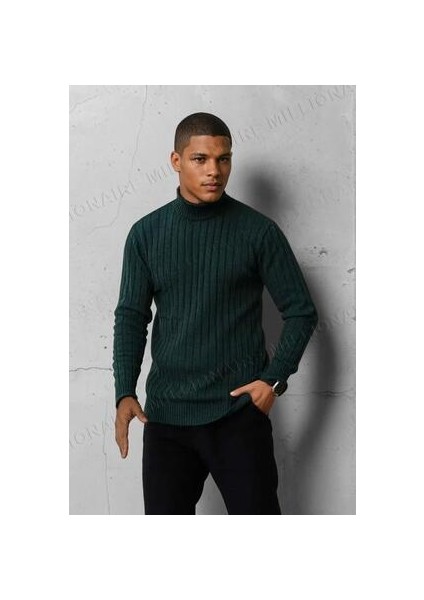 Erkek Yeşil Boğazlı Balıkçı Yaka Kışlık Triko Kazak