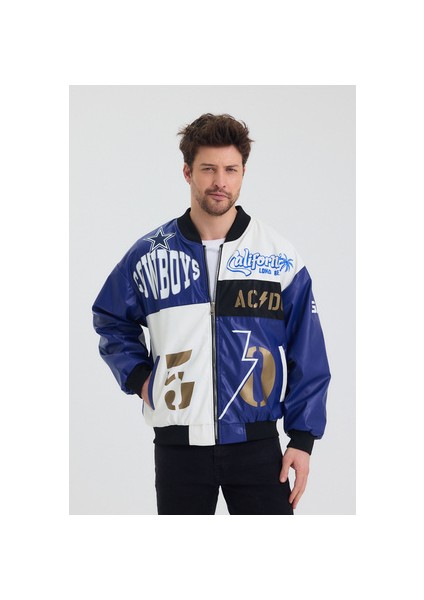 Erkek Oversize Deri Garnili Baskılı Motorcu Montu Kolej Ceketi Bomber Günlük Mont