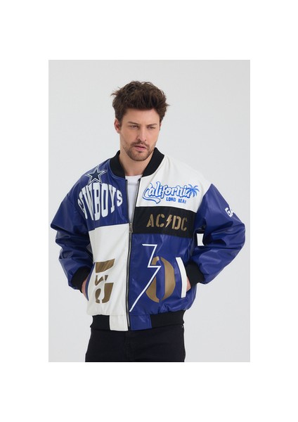 Erkek Oversize Deri Garnili Baskılı Motorcu Montu Kolej Ceketi Bomber Günlük Mont fırsatları