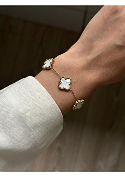 316L Paslanmaz Çelik Yonca Sedefli Beyaz Kadın Bileklik Gold Çift Taraflı