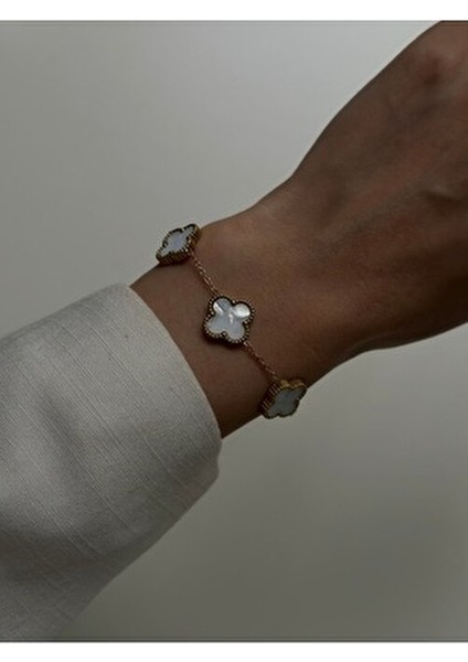 316L Paslanmaz Çelik Yonca Sedefli Beyaz Kadın Bileklik Gold Çift Taraflı fiyatları