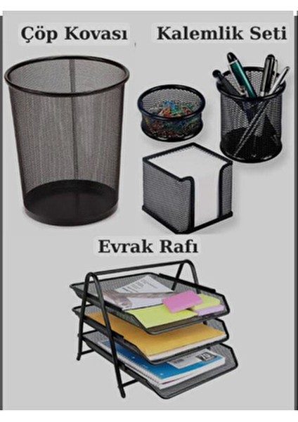 Siyah Evrak Rafı + Metal Fileli 3’lü Kalemlik + Çöp Kovası