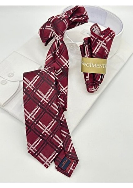 Bordo Ekoseli Mendilli Slim Kravat