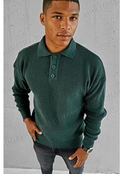 Erkek Yeşil Polo Yaka Patlı Düğmeli Yakalı Kışlık Triko Kazak