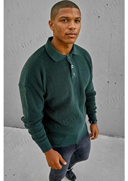 Erkek Yeşil Polo Yaka Patlı Düğmeli Yakalı Kışlık Triko Kazak fiyatları