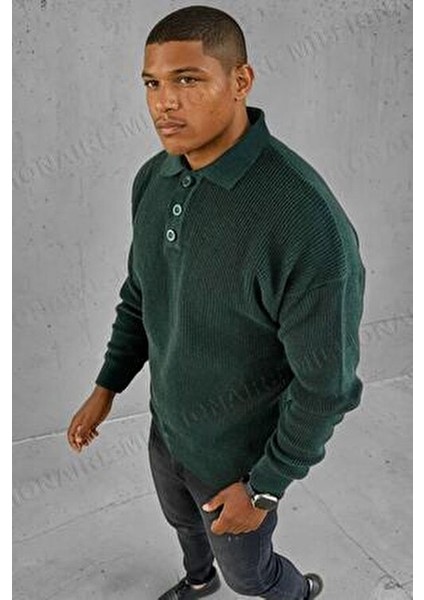 Erkek Yeşil Polo Yaka Patlı Düğmeli Yakalı Kışlık Triko Kazak modelleri