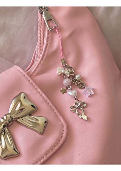 Cute Ribbon Pembe Fiyonklu Çanta Charmı Telefon Charmı Telefon Ipi