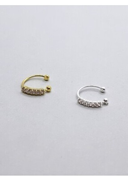 925 Ayar Gümüş ( 2 Adet ) Zirkon Taşlı Sıkıştırmalı, Fake , Deliksiz Halka Hızma