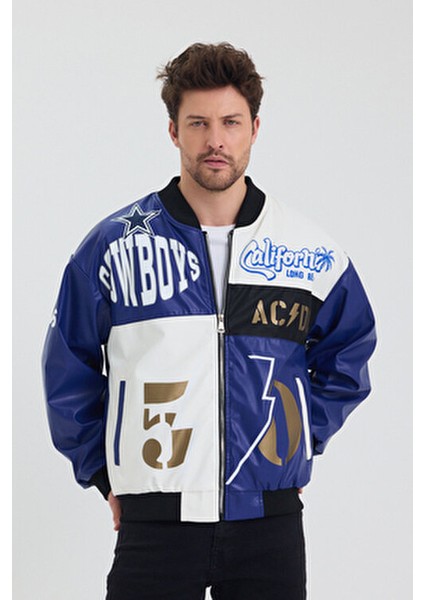 Erkek Oversize Deri Garnili Baskılı Motorcu Montu Kolej Ceketi Bomber Günlük Mont modelleri