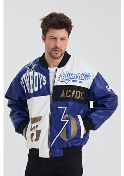 Erkek Oversize Deri Garnili Baskılı Motorcu Montu Kolej Ceketi Bomber Günlük Mont fırsatları