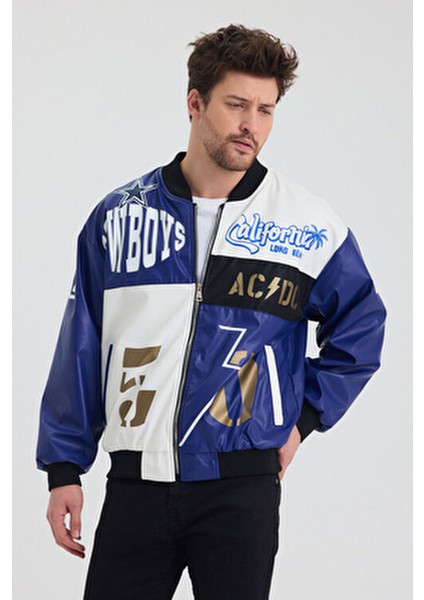 Erkek Oversize Deri Garnili Baskılı Motorcu Montu Kolej Ceketi Bomber Günlük Mont indirimleri