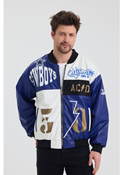 Erkek Oversize Deri Garnili Baskılı Motorcu Montu Kolej Ceketi Bomber Günlük Mont