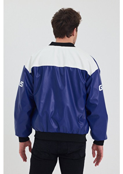 Erkek Oversize Deri Garnili Baskılı Motorcu Montu Kolej Ceketi Bomber Günlük Mont