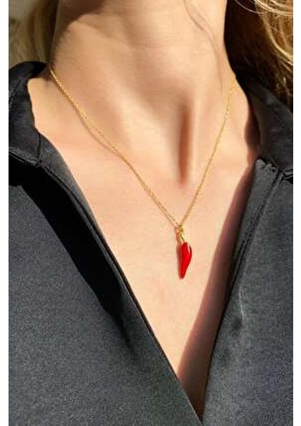 925 Ayar Gümüş Kırmızı Mineli Biber Kolye