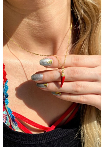 925 Ayar Gümüş Kırmızı Mineli Biber Kolye fırsatları