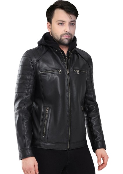 Derije Danny Hakiki Deri Erkek Siyah Kapüşonlu Mont