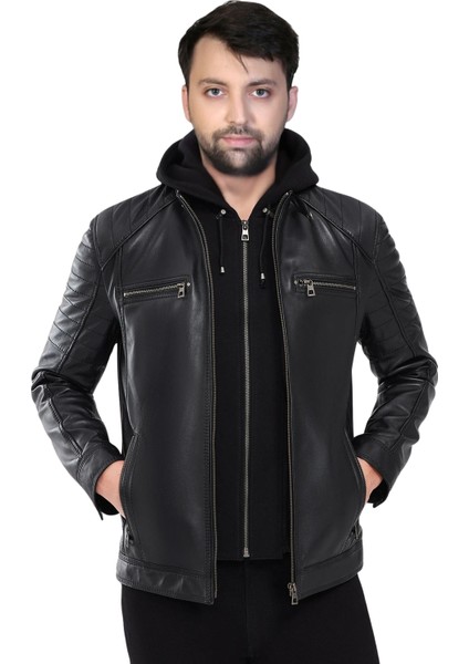 Derije Danny Hakiki Deri Erkek Siyah Kapüşonlu Mont fiyatları