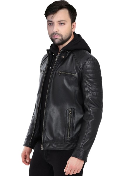 Derije Danny Hakiki Deri Erkek Siyah Kapüşonlu Mont modelleri