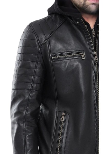Derije Danny Hakiki Deri Erkek Siyah Kapüşonlu Mont fırsatları