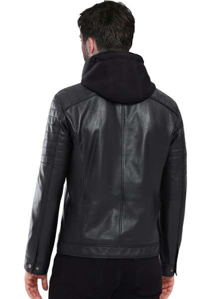 Derije Danny Hakiki Deri Erkek Siyah Kapüşonlu Mont indirimleri