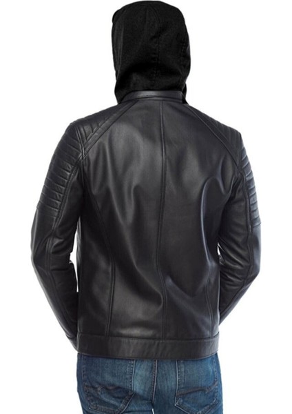 Derije Danny Hakiki Deri Erkek Siyah Kapüşonlu Mont