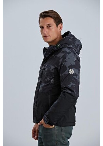 Erkek Mont Kamuflaj Detaylı Çift Renkli Elyaf Dolgulu