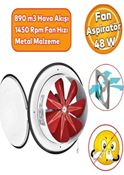 Havalandırma Aspiratörü Kapaklı Vantilatör 250 mm Banyo Wc Işyeri Fanı Kirli Hava Kötü Koku Metal.